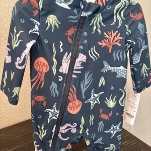 Carter's Navy One-Piece Rashguard with Coral, Mint & Light Blue Sea Life Print